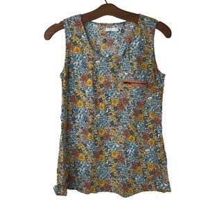 Tulle Tank Top Size Small Ditsy Floral Sleeveless Scoop Neck Blue Yellow Boho